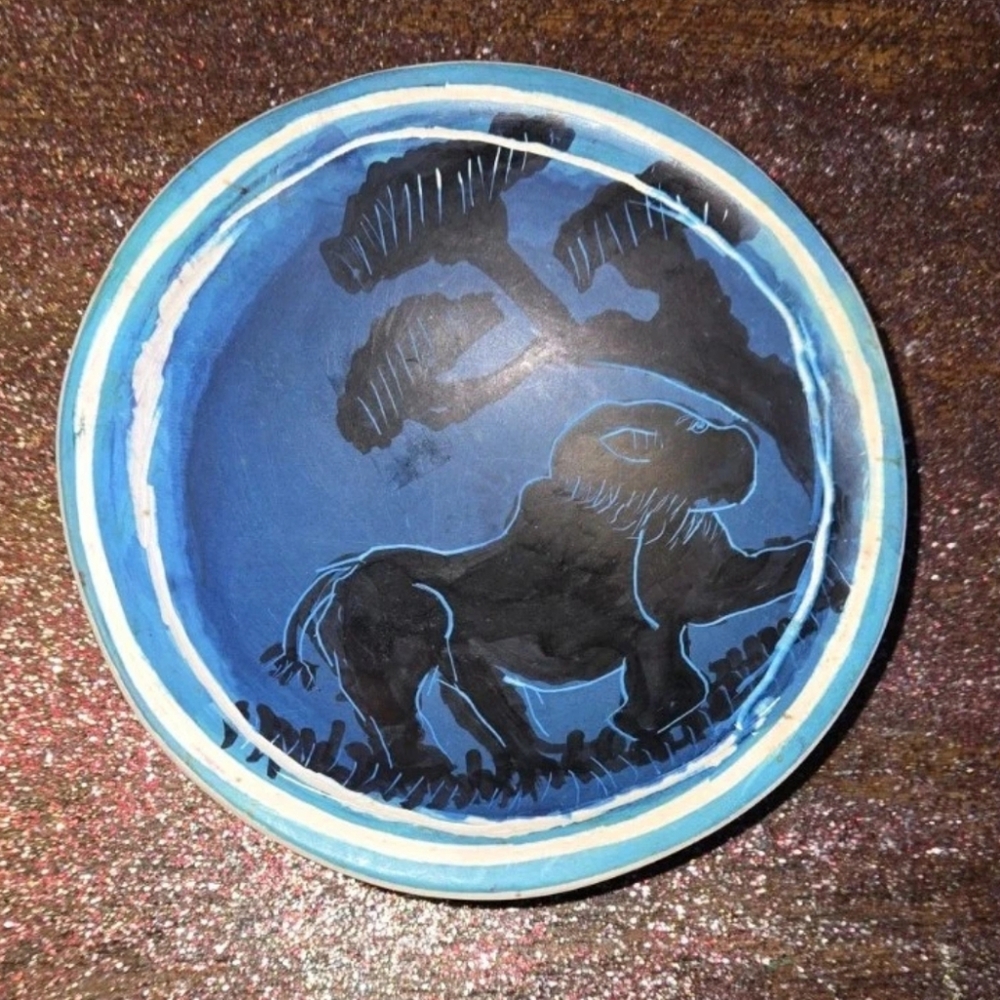 African Art Signed Soapstone Blue Black Lion Trinket Dish